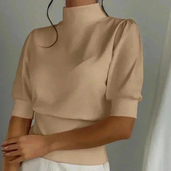 Apricot Women's Color Stand Collar Waist Cinched Bubble Sleeve Shirt - Picture 6 of 6